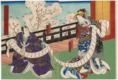 Actors Arashi Tokusaburo IV as Sazanami R and Ichikawa Takijuro II as Okabe Rokuyata L by Utagawa Yoshitaki